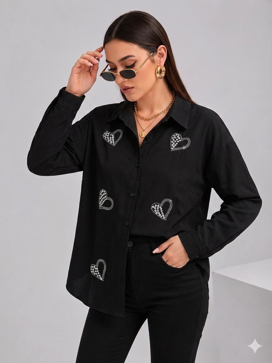 Elegant Black Handwork Heart-Shape Embroidered shirt