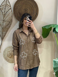 Elegant Brown Button-Down Shirt With Pearl Hand-Embellishment