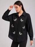 Black Button-Down with Pearl Butterfly Embroidery
