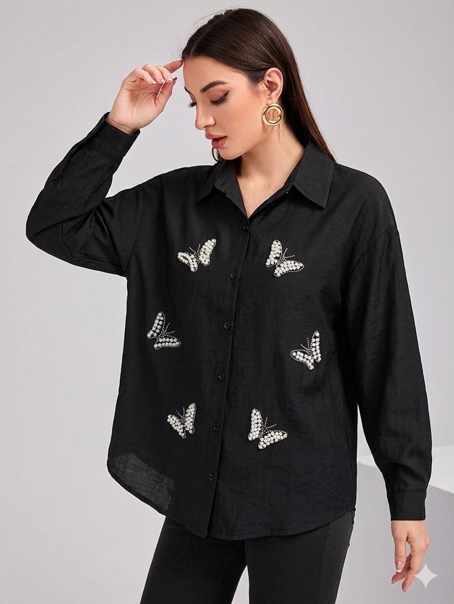 Black Button-Down with Pearl Butterfly Embroidery
