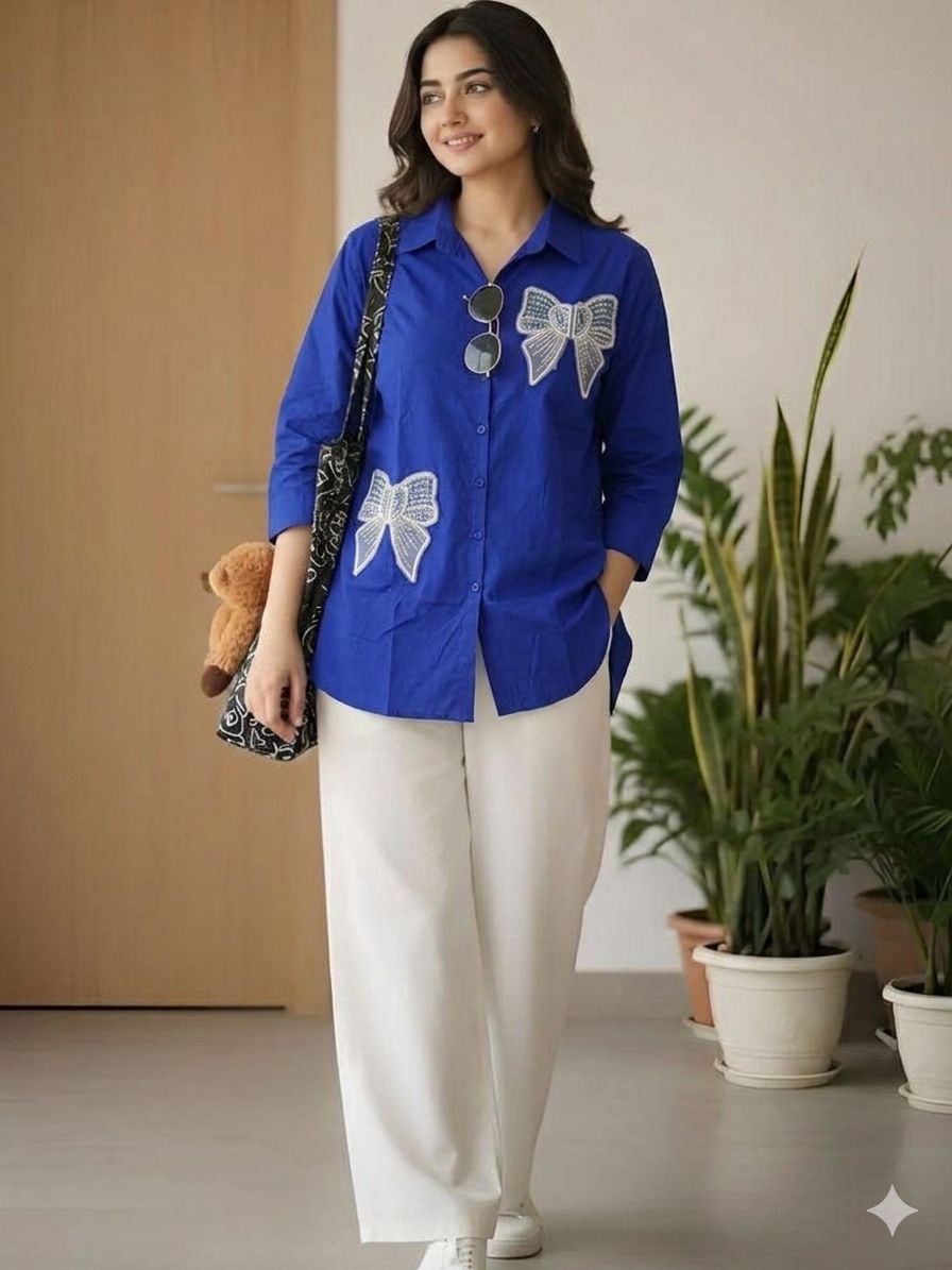 Artisan Hand-Embellished "Coquette" Bow Shirt in Royal Blue
