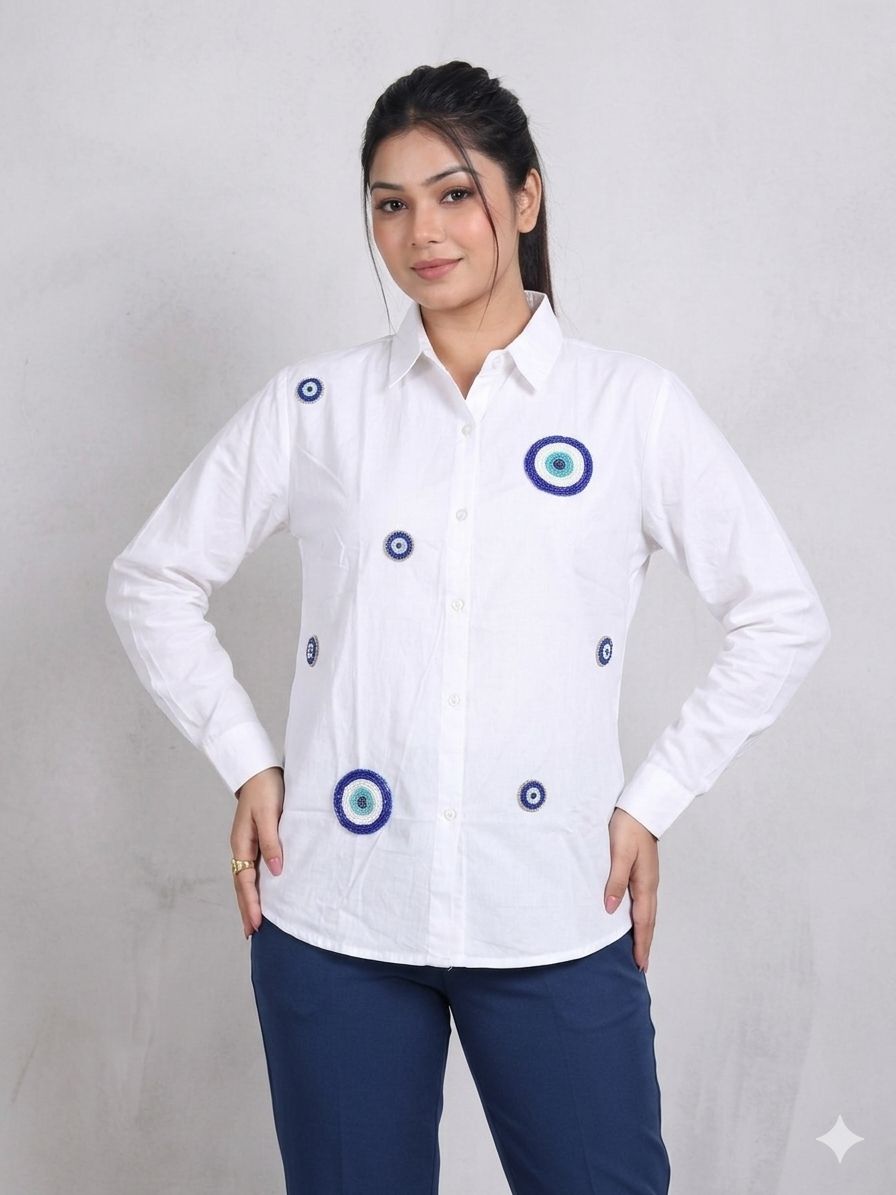 Premium Evil Eye Hand-Work White Shirt