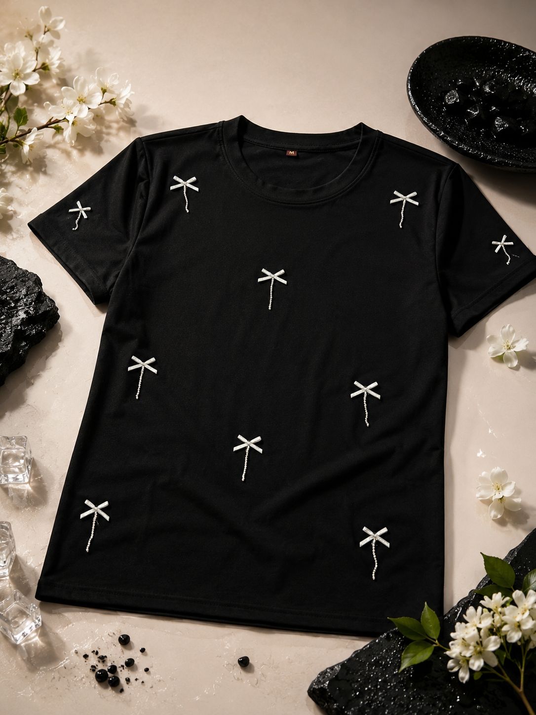 BOW WITH DIMOND LINE HAND-WORK BLACK TSHIRT