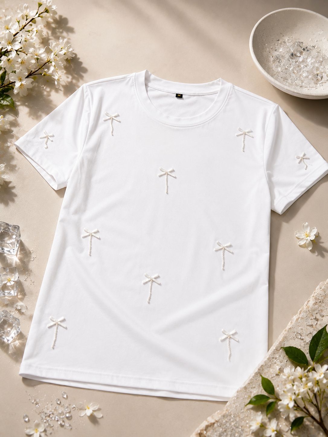 BOW WITH DIMOND LINE HAND-WORK WHITE TSHIRT