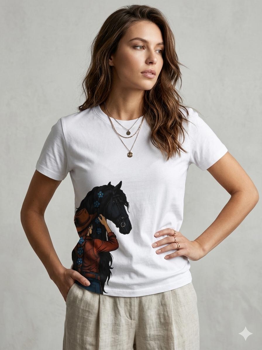 STYLISH WHITE T-SHIRT WITH HORSE PRINTED