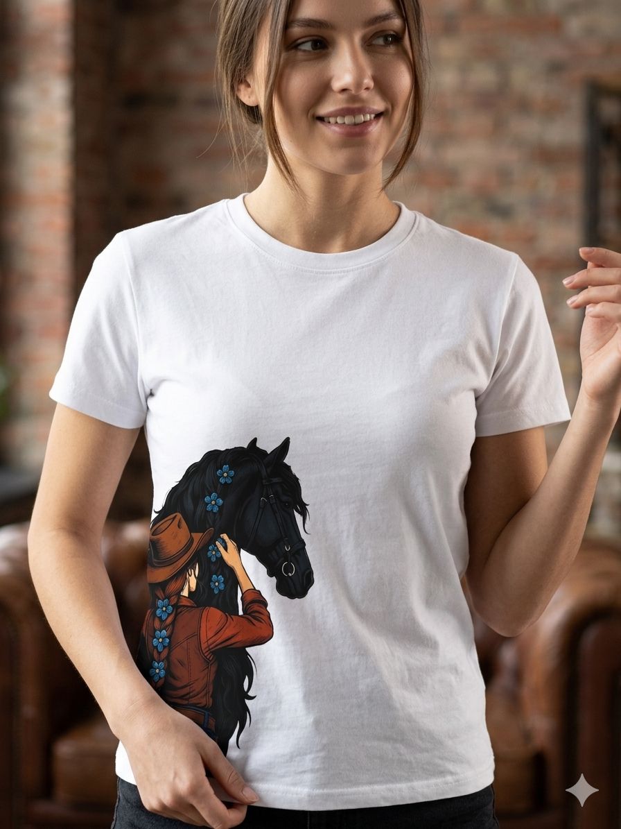 STYLISH WHITE T-SHIRT WITH HORSE PRINTED