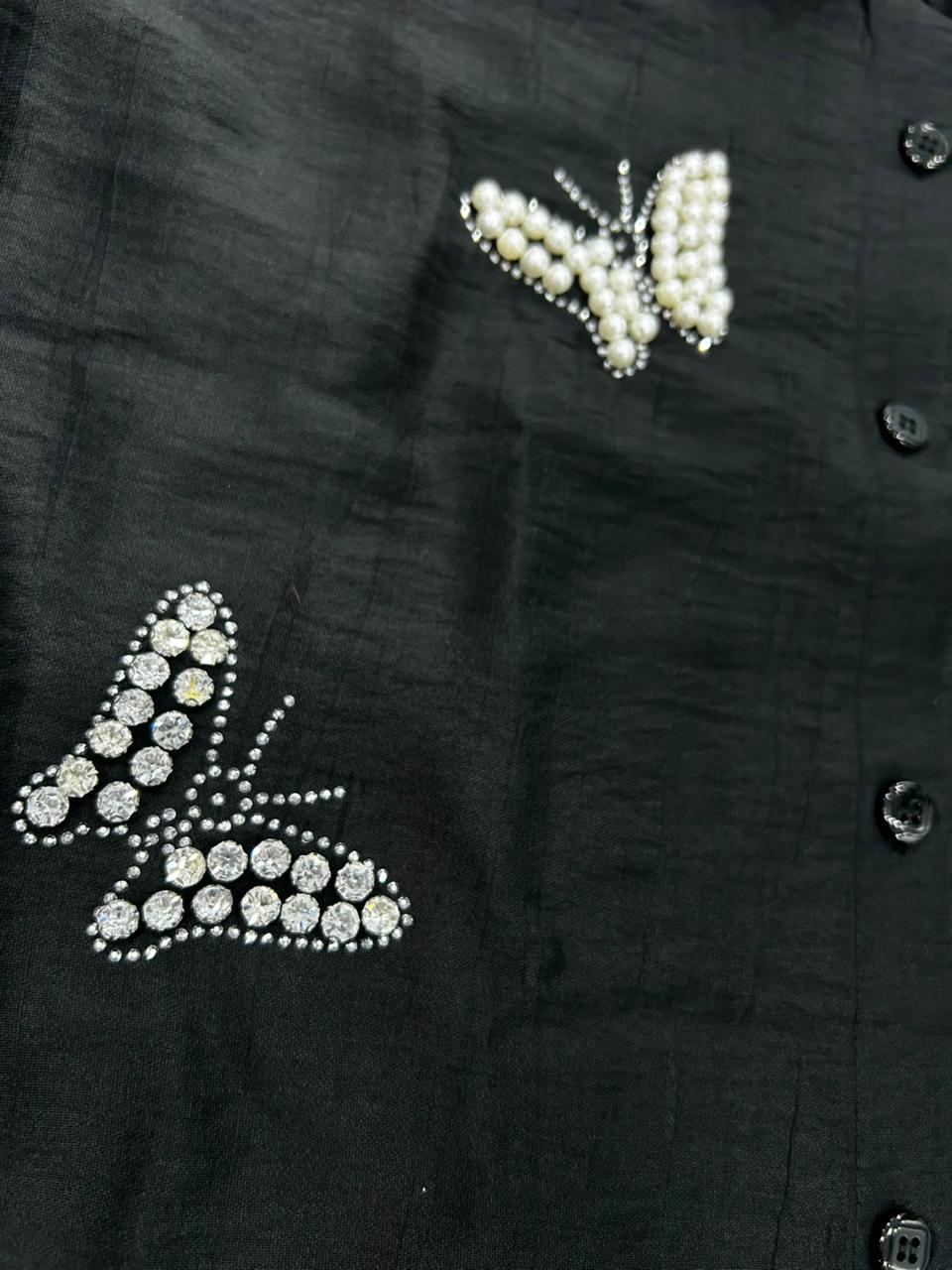 Black Button-Down with Pearl Butterfly Embroidery