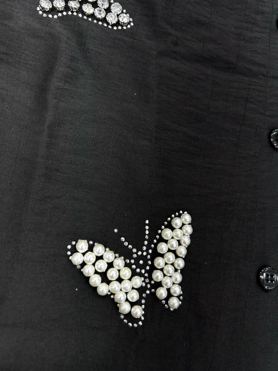 Black Button-Down with Pearl Butterfly Embroidery