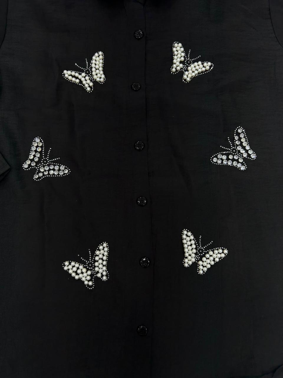 Black Button-Down with Pearl Butterfly Embroidery