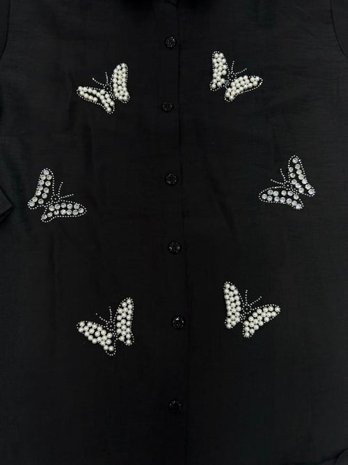 Black Button-Down with Pearl Butterfly Embroidery