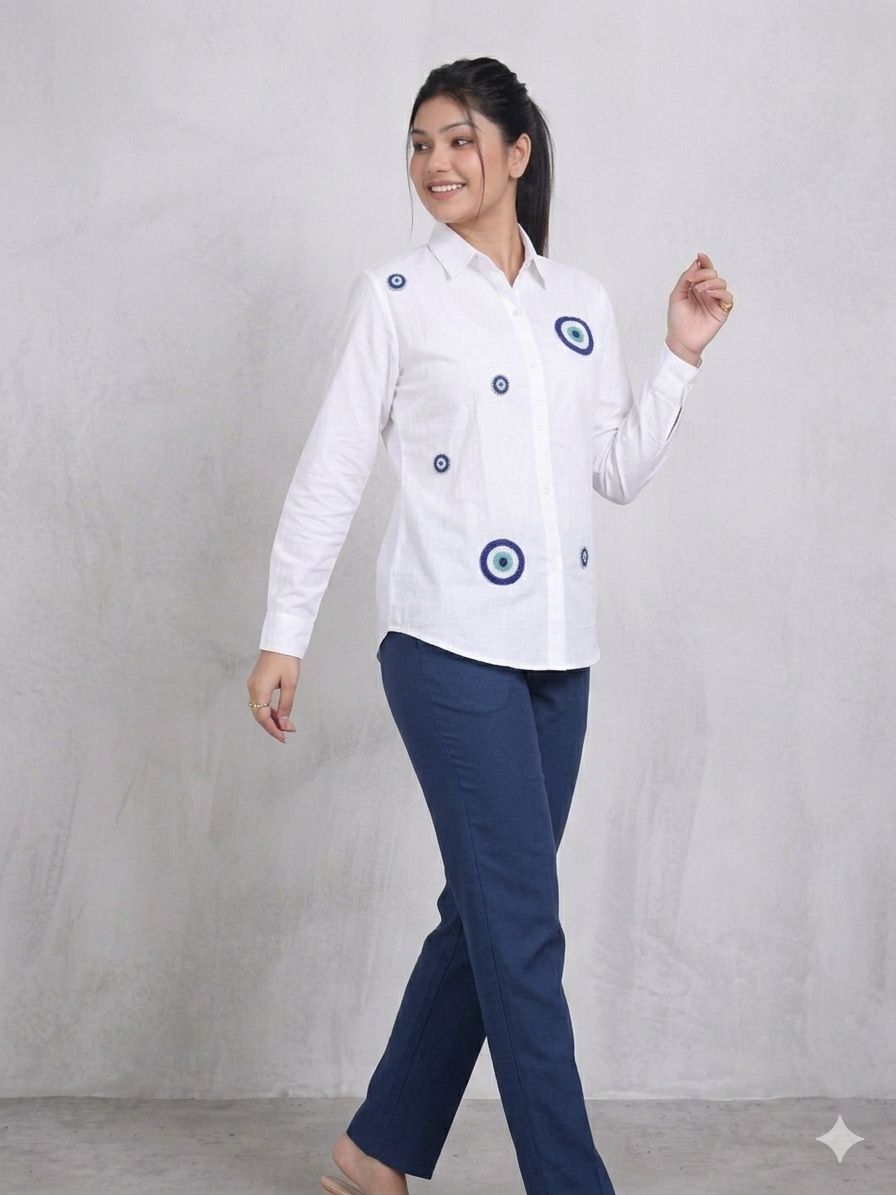 Premium Evil Eye Hand-Work White Shirt