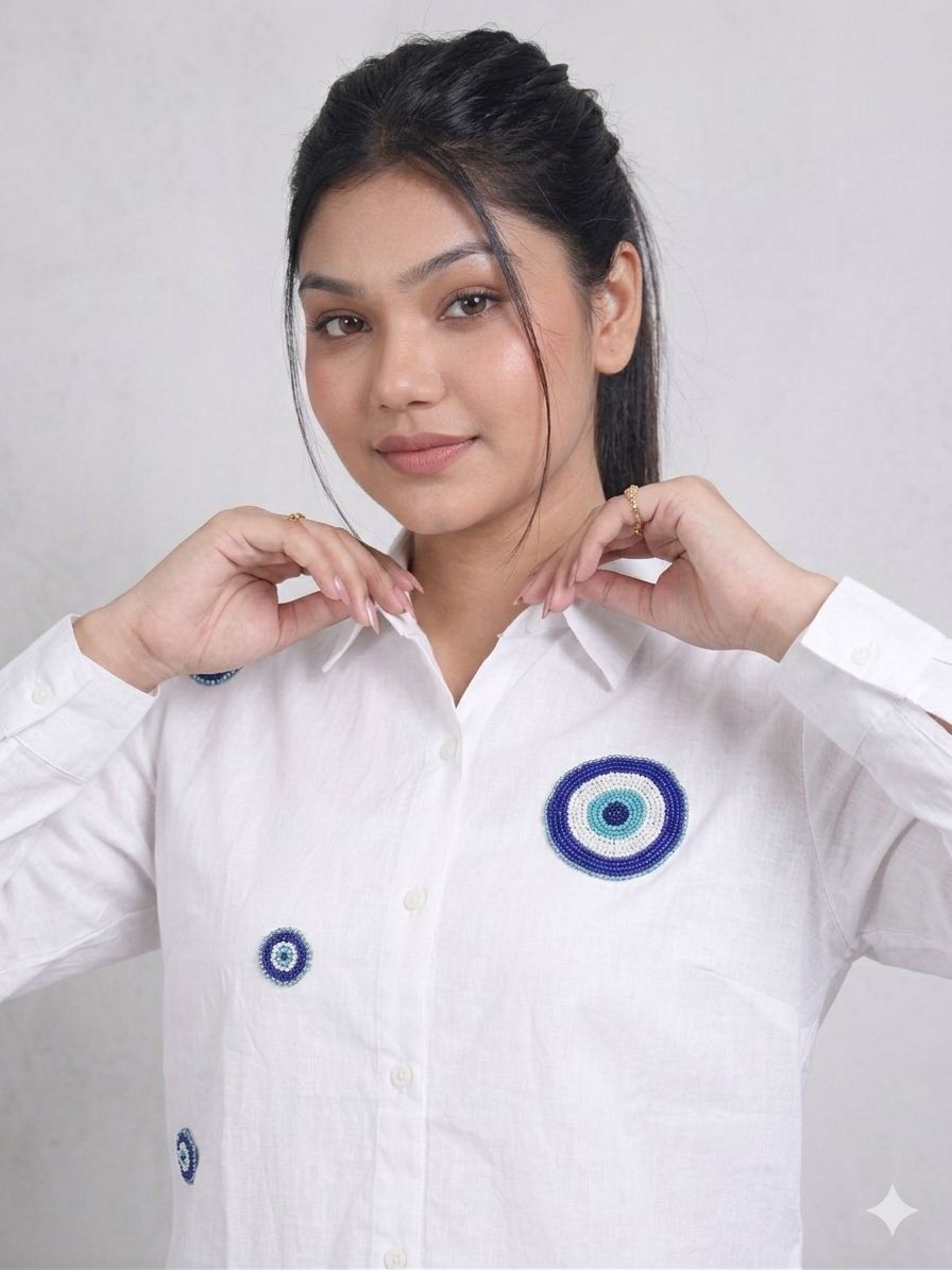 Premium Evil Eye Hand-Work White Shirt