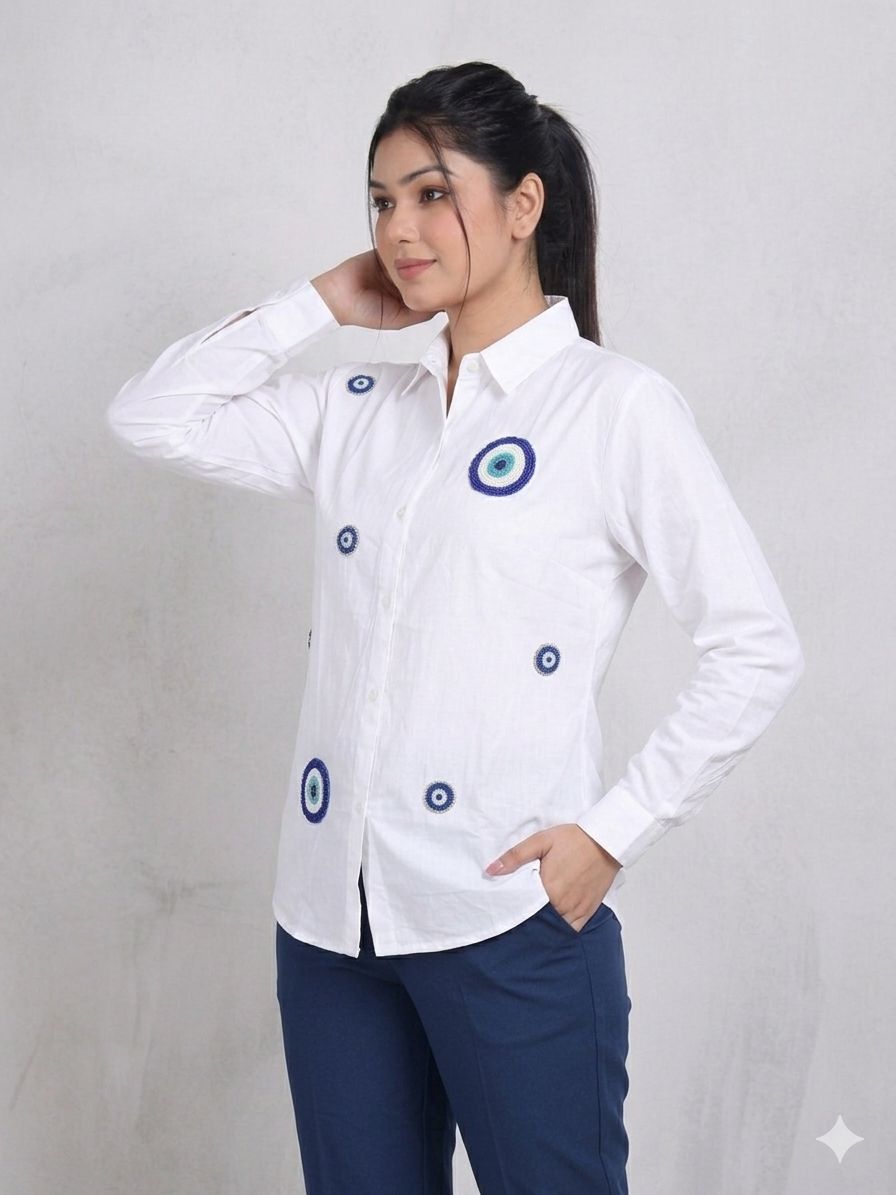 Premium Evil Eye Hand-Work White Shirt